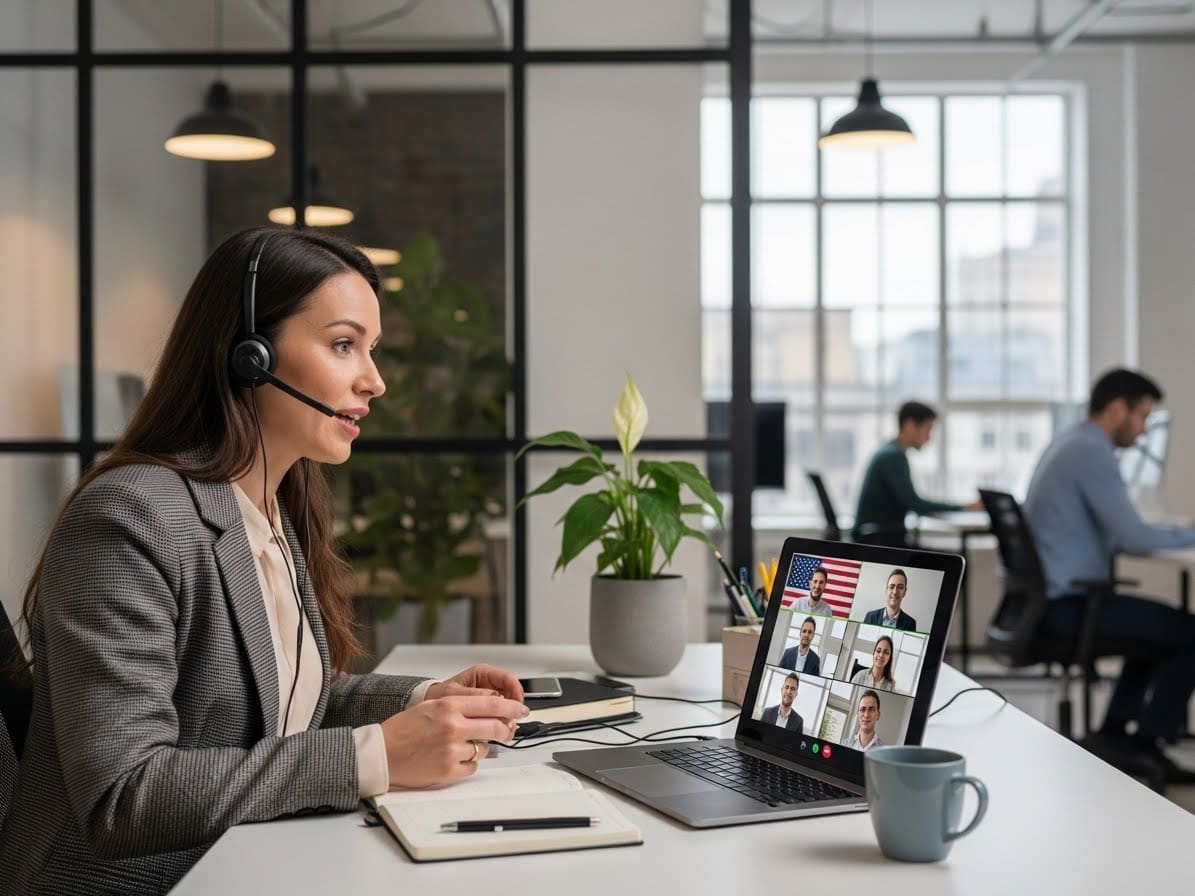 A fractional CFO sitting in a shared office space, having an online call with the rest of the management team based in the USA